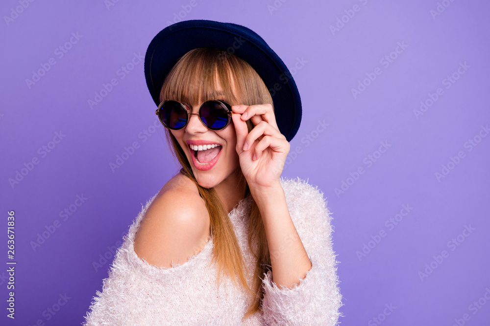 Close-up portrait of her she nice-looking attractive winsome lovely cheerful cheery straight-haired lady touching round glasses isolated on bright vivid shine violet purple background