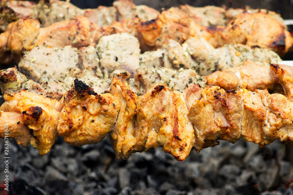 Freshly marinated shashlik prepared for roasting on charcoal. The traditional dish is made outdoors Freshly marinated shashlik prepared for roasting on charcoal. The traditional dish is made outdoors