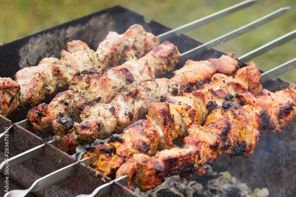 Freshly marinated shashlik prepared for roasting on charcoal. The traditional dish is made outdoors