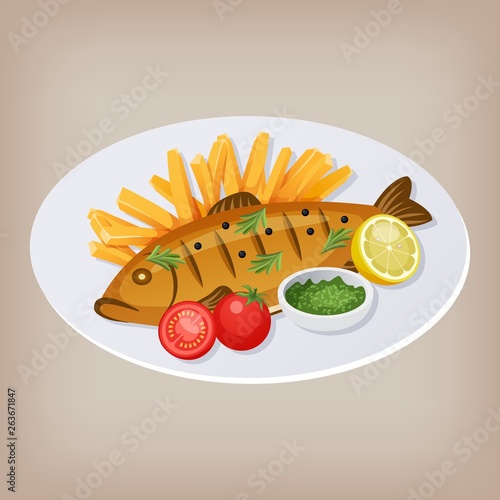 Fish and chips with tomatoes, sauce and a slice of lemon on a plate. Vector illustration