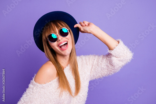 Close-up portrait of her she nice-looking attractive fascinating lovely cheerful cheery dreamy straight-haired lady wearing round glasses isolated on bright vivid shine violet purple background © deagreez