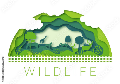 Paper cut abstract. Wildlife zoo environment, 3d paper art vector origami design