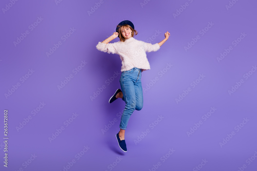 Full length body size view photo charming nice millennial youngster have holidays rejoice candid content isolated pullover denim blue sneakers raise hands arms vibrant background Full length body size view photo charming nice millennial youngster have holidays rejoice candid content isolated pullover denim blue sneakers raise hands arms vibrant background