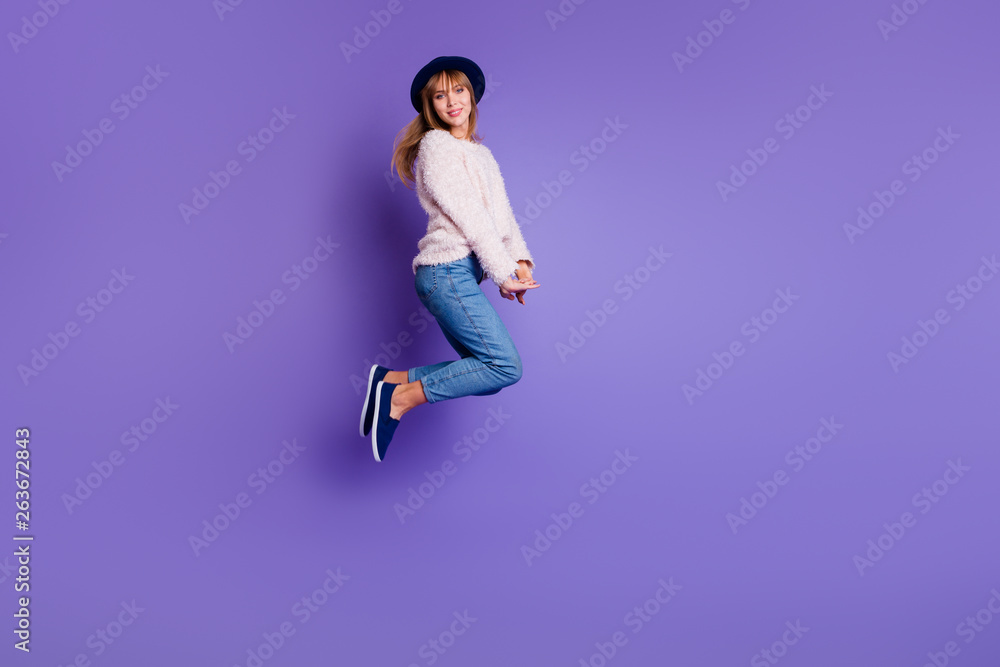 Full length body size view photo charming pretty attractive teen teenager have holidays  rejoice candid content isolated sweater modern denim blue sneakers colorful background