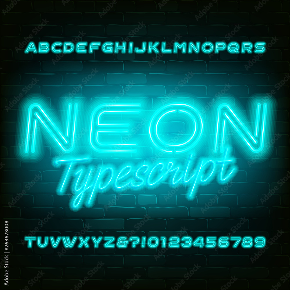 Light blue neon alphabet font. Modern light bulb capital letters and numbers. Stock vector typeface for your typography design. Light blue neon alphabet font. Modern light bulb capital letters and numbers. Stock vector typeface for your typography design.