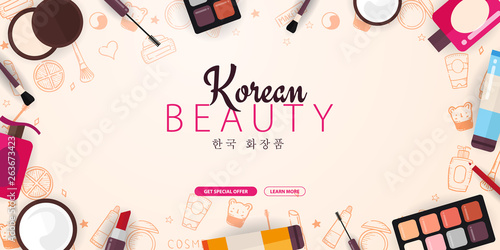 Korean flat cosmetics. K-Beauty banner with hand draw doodle background. Skincare and Makeup. Vector Illustration.