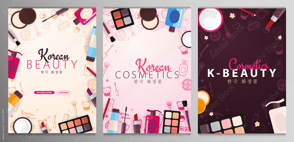 Korean flat cosmetics. Set of K-Beauty banners with hand draw doodle backgrounds. Skincare and Makeup. Vector Illustration.