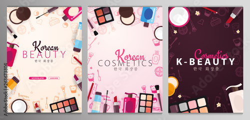 Korean flat cosmetics. Set of K-Beauty banners with hand draw doodle backgrounds. Skincare and Makeup. Vector Illustration.