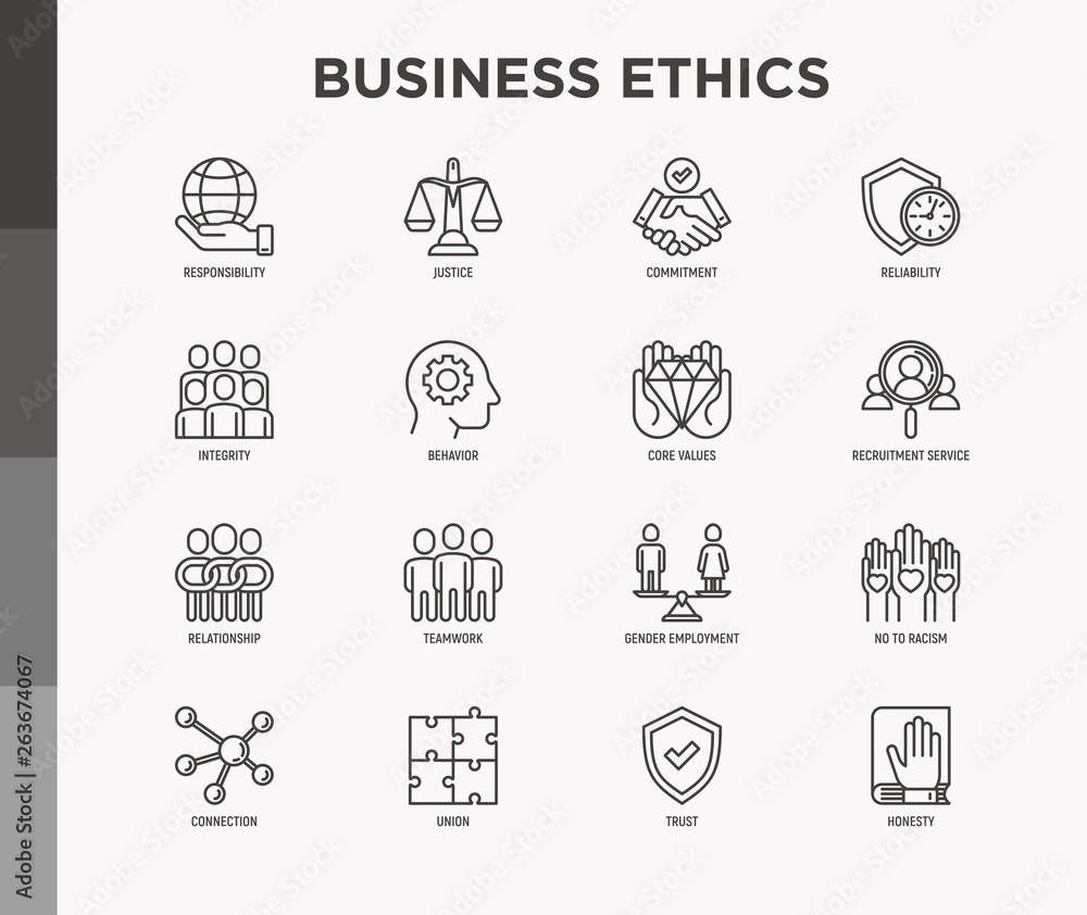 Business ethics thin line icons set: connection, union, trust, honesty, responsibility, justice, commitment, no to racism, teamwork, gender employment, core values. Modern vector illustration.