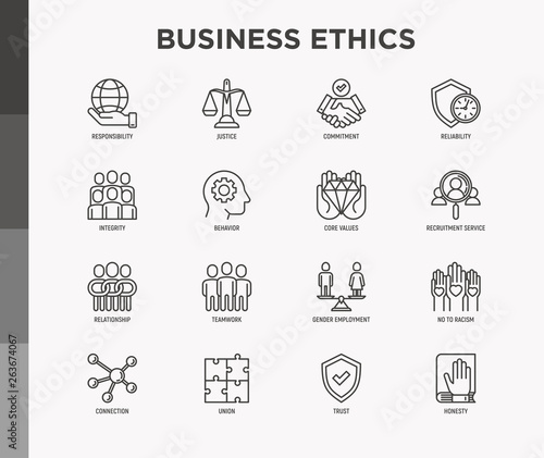 Business ethics thin line icons set: connection, union, trust, honesty, responsibility, justice, commitment, no to racism, teamwork, gender employment, core values. Modern vector illustration.
