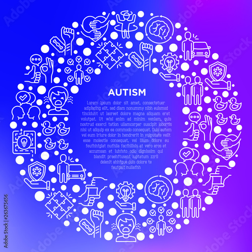 Autism concept in circle, symptoms and adaptive skills thin line icons: repetitive behavior, stereotypy, ignoring of danger, autoaggression, hysterics, social interaction. Modern vector illustration.