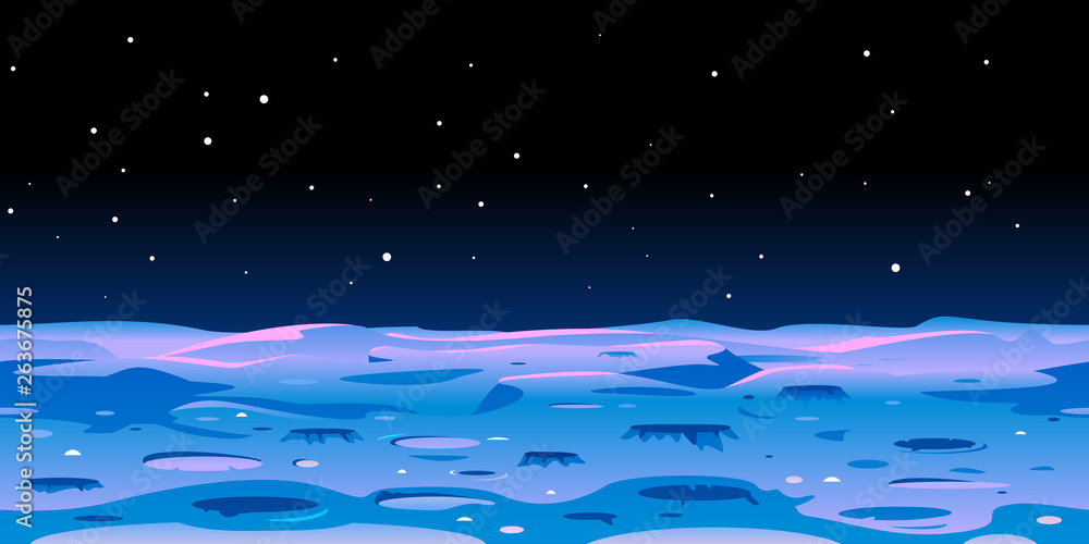 Cartoon Moon landscape with craters on space with stars, fantastic planet surface illustration - obrazy, fototapety, plakaty 