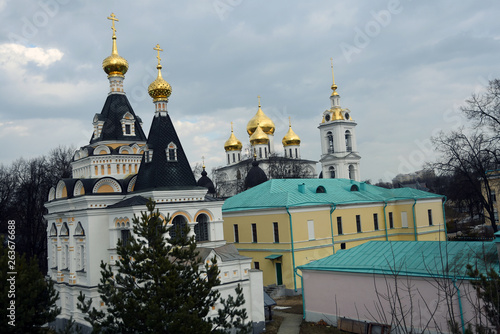 Dormition church. Kremlin in Dmitrov, old historical town in Moscow region, Russia. Color winter photo. Popular landmark.