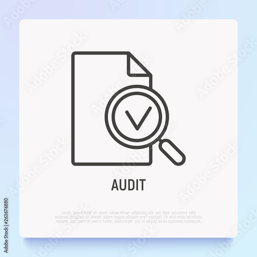 Audit thin line icon: magnifier with mark on document. Modern vector illustration.