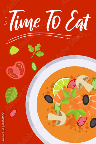 Soup on bright background in flat design style. Doodle elements. Flat food