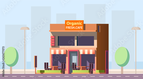 Fototapeta Naklejka Na Ścianę i Meble -  Road cafe, city cafeteria, coffeeshop or fast food street restaurant two-storey building with outdoor seating and mansard flat vector. Small local business, commercial real estate object illustration