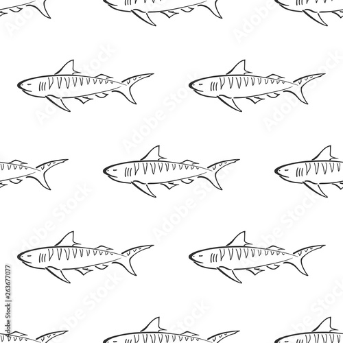 Tiger shark character abstract hand drawn vector seamless pattern. Simplified retro illustration. Ocean blue. Sea animal curve paint sign. Doodle sketch. Element for design, wallpaper, fabric print.