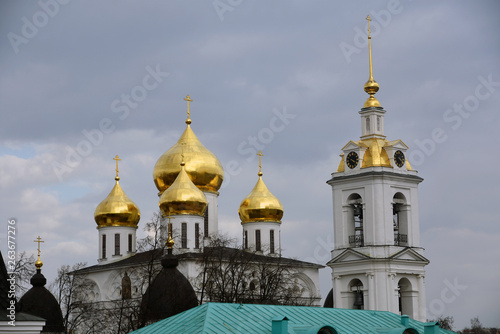 Dormition church. Kremlin in Dmitrov, old historical town in Moscow region, Russia. Color winter photo. Popular landmark.
