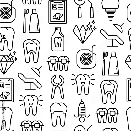 Dental clinic seamless pattern with thin line icons related to teeth treatment, dental equipment, oral hygiene. Vector illustration for web page, banner, print media.