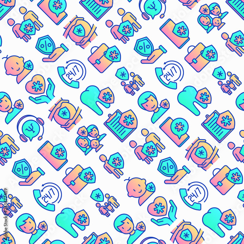 Medical insurance seamless pattern with thin line icons: policy, life insurance, psychological support, maternity program, 24/7 support, mobile app, telemedicine. Modern vector illustration.