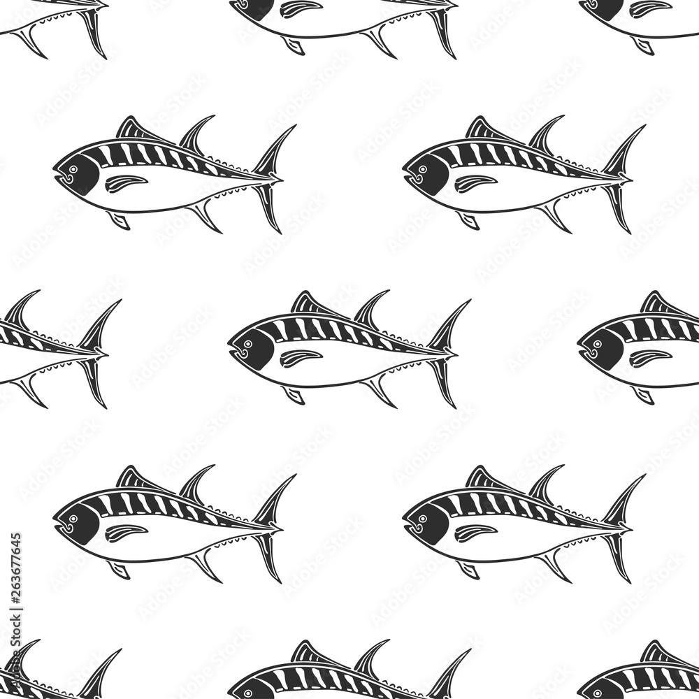 Fat tuna character abstract ink hand drawn vector seamless pattern. Simplified retro illustration. Ocean, sea animal curve paint sign. Doodle sketch. Element for design, wallpaper, fabric print. Tunny Fat tuna character abstract ink hand drawn vector seamless pattern. Simplified retro illustration. Ocean, sea animal curve paint sign. Doodle sketch. Element for design, wallpaper, fabric print. Tunny