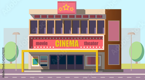 Movie theater, cinema hall, film house two-storey building with illuminated signboard and movie posters on entrance flat vector. Modern entertainment industry, city architecture object illustration