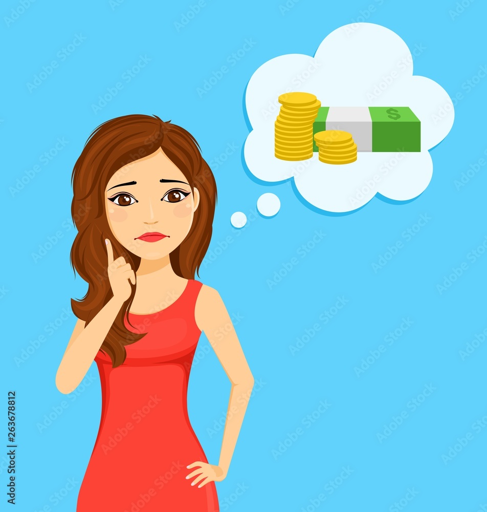 The girl character. Financial problem. Portrait of a young girl with a sad look. Speech bubble. The girl character. Financial problem. Portrait of a young girl with a sad look. Speech bubble.