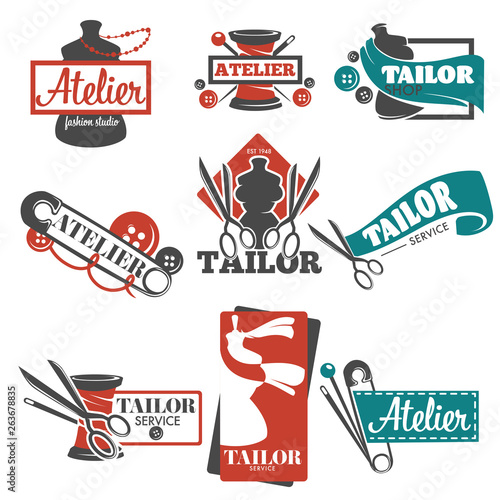 Atelier and tailor service isolated icons mannequin and sewing tools
