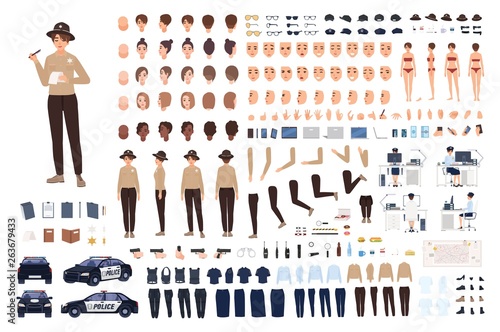 Policewoman constructor set or animation kit. Collection of female police officer body parts, gestures, postures, clothes or uniform isolated on white background. Flat cartoon vector illustration.
