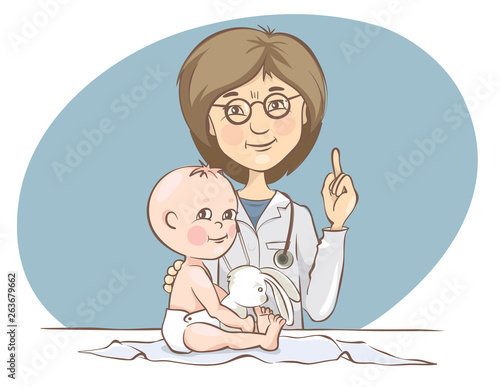 Pediatrician. Children's doctor and the small child, vector illustration.	