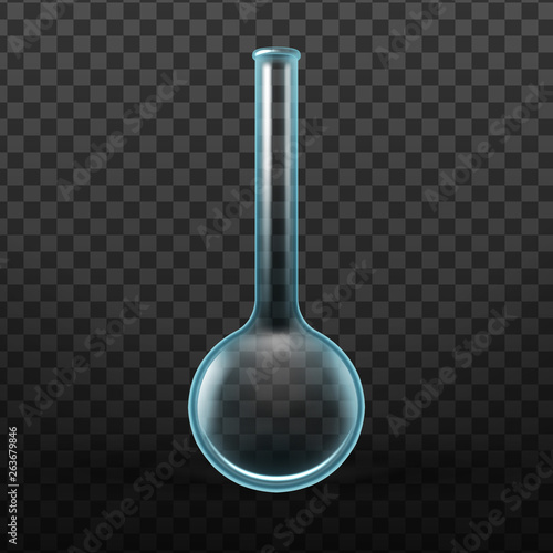Realistic Chemistry Glass Volumetric Flask Vector. Graduated Flask Is Piece Of Laboratory Apparatus Contain Precise Volume Certain Temperature Isolated On Transparency Grid Background. 3d Illustration