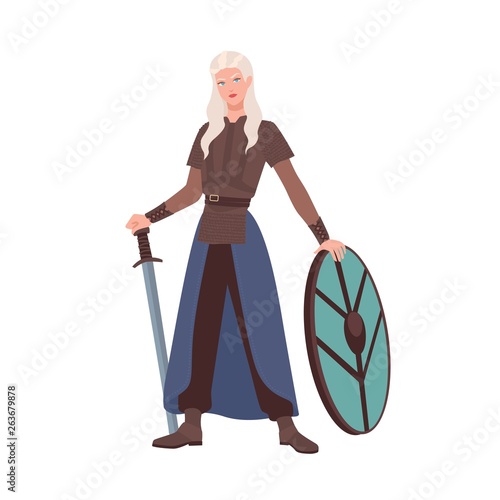 Female warrior or medieval knight holding sword and shield isolated on white background