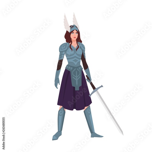Valkyrie or mythological female warrior holding sword isolated on white backg...
