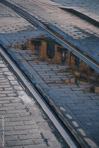 old railway tracks in the station in the street. train tracks in the city. Bilbao. Spain