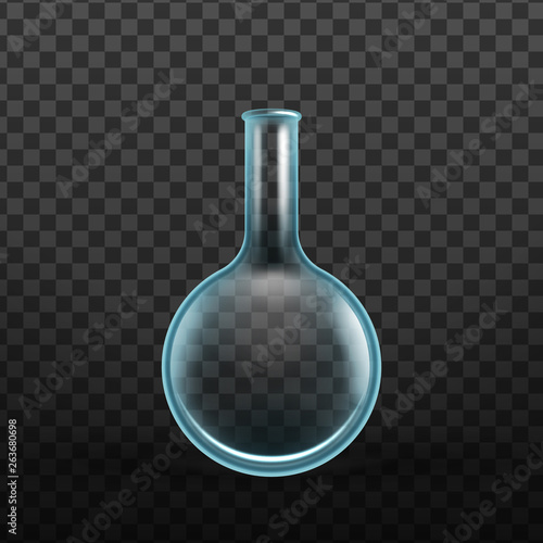 Realistic Chemical Glass Beaker Vessel Vector. Laboratory Glassware Vessel, Florence Flask Beaker With Round Body And Longer Neck Image Isolated On Transparency Grid Background. 3d Illustration
