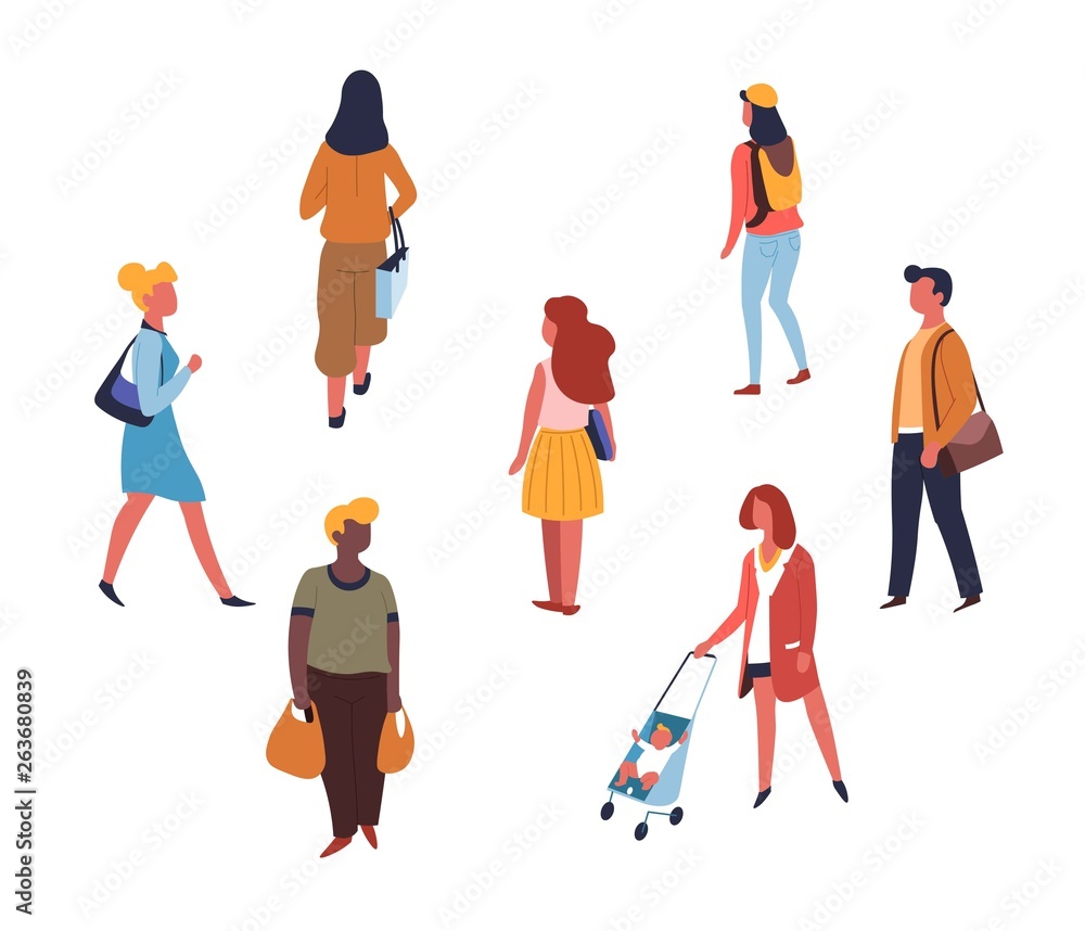 People walking or on shopping adults teen and children isolated characters