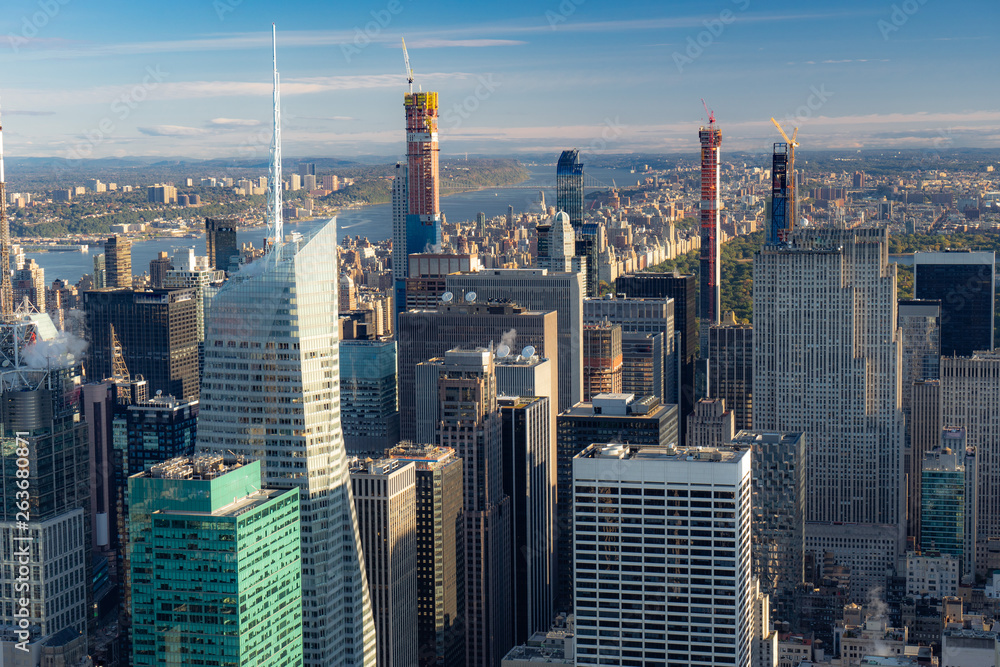 Naklejka premium New York skyline from the top view at sunset. close up