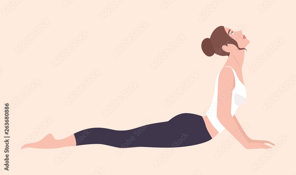 Cute young woman performing Hatha yoga exercise or backbend. Adorable  female cartoon character standing in Cobra posture. Slim yogi girl isolated  on light background. Flat vector illustration. Stock Vector