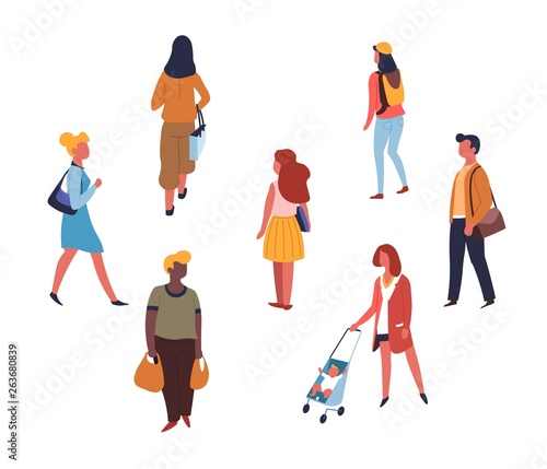 People walking or on shopping adults teen and children isolated characters