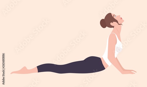 Cute young woman performing Hatha yoga exercise or backbend. Adorable female cartoon character standing in Cobra posture. Slim yogi girl isolated on light background. Flat vector illustration.
