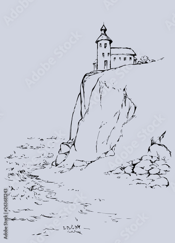 Lighthouse on a rock. Vector drawing