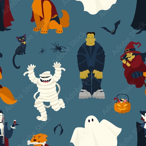 Halloween seamless pattern with funny scary magic characters on dark background - ghost, vampire, mummy, witch, black cat, Frankenstein monster, werewolf. Holiday vector illustration in flat style.