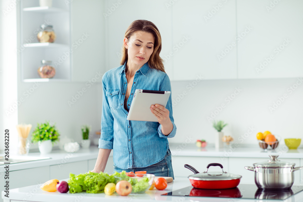Portrait of her she nice charming lovely attractive focused brown-haired lady searching new recipe fresh hot dish meal dinner lunch spend free time in light white interior style kitchen Portrait of her she nice charming lovely attractive focused brown-haired lady searching new recipe fresh hot dish meal dinner lunch spend free time in light white interior style kitchen