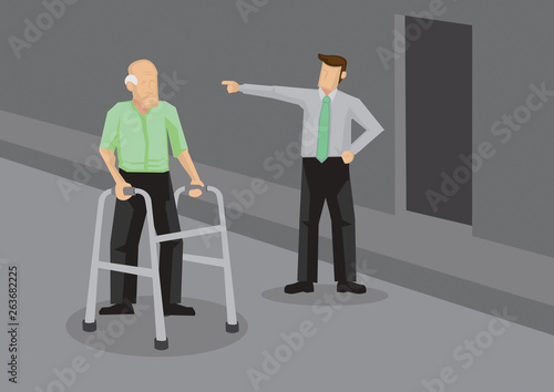 Young Man Discriminates Against Old Man Conceptual Vector Illustration