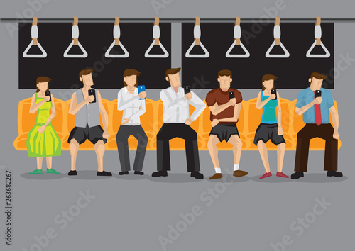 Commuters in Subway Busy with Mobile Phone Vector Illustration