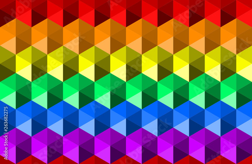 Colorful rainbow texture background of hexagon shapes, horizontal seamless pattern, LGBTQ (lesbian, gay, bisexual, transgender, and questioning) pride flag colors. Flat design vector illustration.