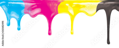 CMYK ink color paint dripping isolated on white with clipping path included
