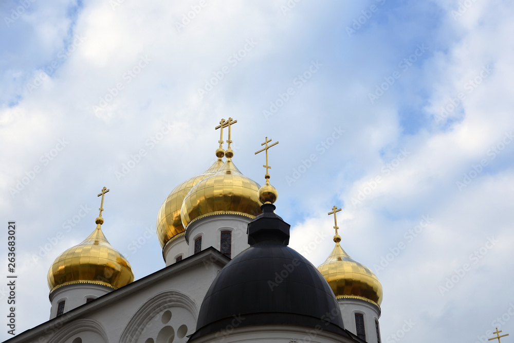 Dormition church. Kremlin in Dmitrov, old historical town in Moscow region, Russia. Color winter photo. Popular landmark.