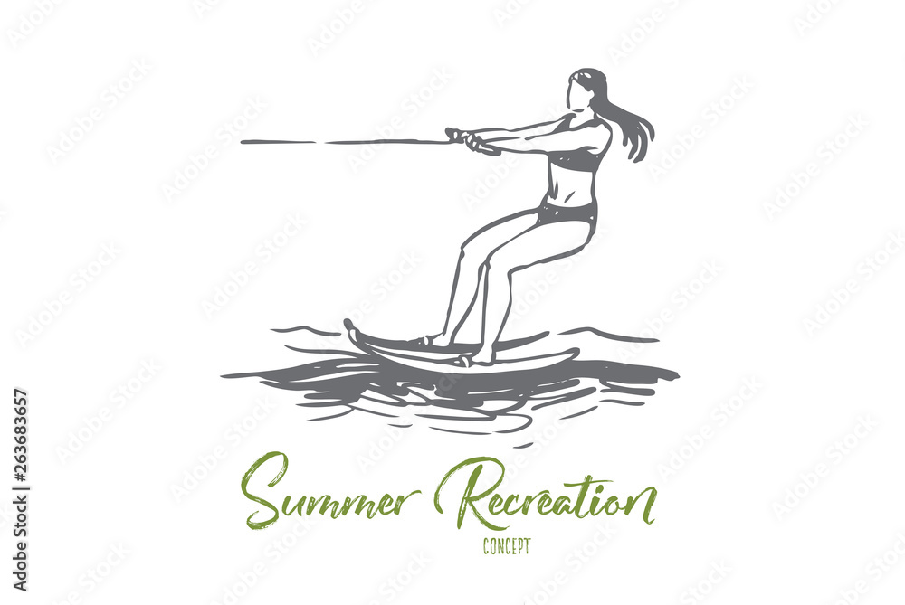Water skiing, sea, summer, water, activity concept. Hand drawn isolated vector.