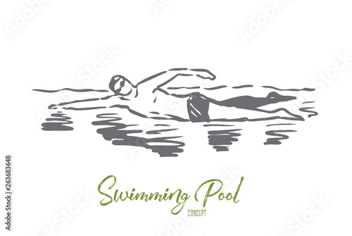 Swimming, pool, sport, water, swimmer concept. Hand drawn isolated vector.